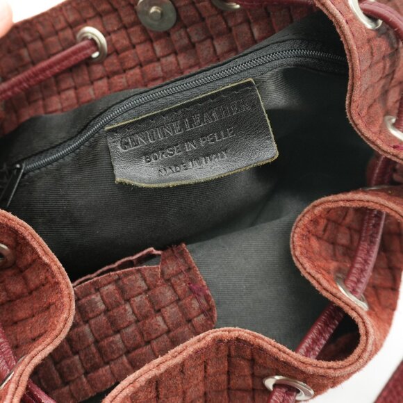 Bucket Bag Burgundy Made in Italy Woven Suede Leather Cinch BORSE In PELLE Purse - Picture 5 of 8